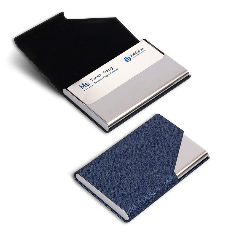 homEdge Business Card Holder, Slim Professional 2 Packs PU Leather+Stainless Steel Business Card Case for Traveling and Business-Black and Blue - Image 2